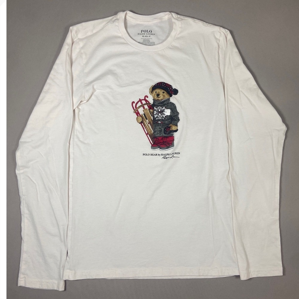 Polo Ralph Lauren Men's Long Sleeve White Polo Bear Snowboarder T-Shirt XS